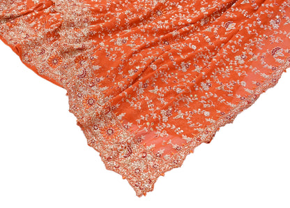 Indian Vintage Orange Pure Georgette Silk Hand Embroidered Lehenga 2pcs Set, Bollywood Wedding Wear