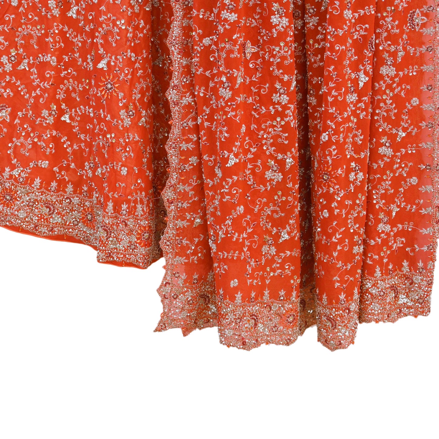 Indian Vintage Orange Pure Georgette Silk Hand Embroidered Lehenga 2pcs Set, Bollywood Wedding Wear