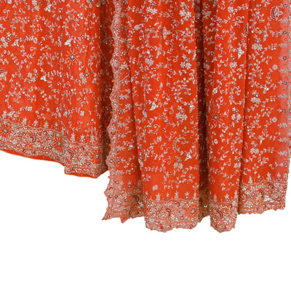 Indian Vintage Orange Pure Georgette Silk Hand Embroidered Lehenga 2pcs Set, Bollywood Wedding Wear