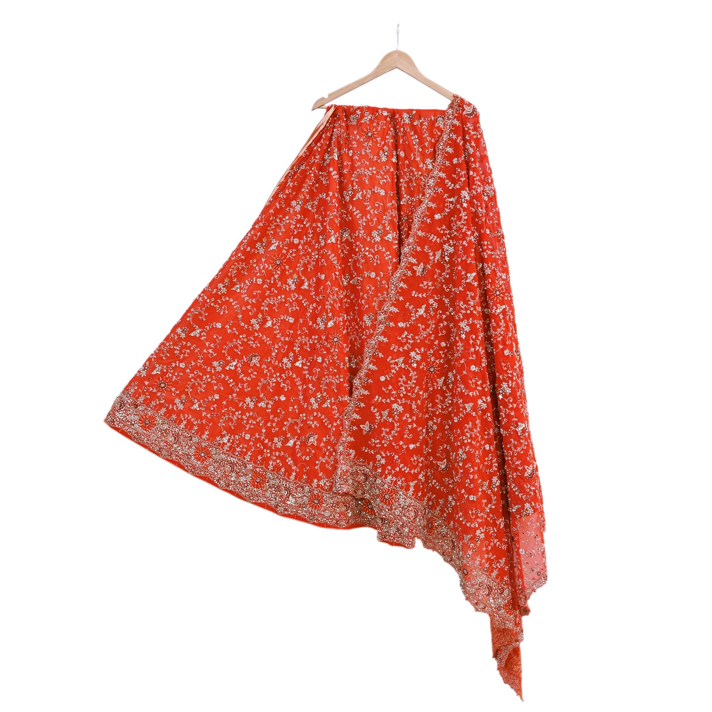 Indian Vintage Orange Pure Georgette Silk Hand Embroidered Lehenga 2pcs Set, Bollywood Wedding Wear