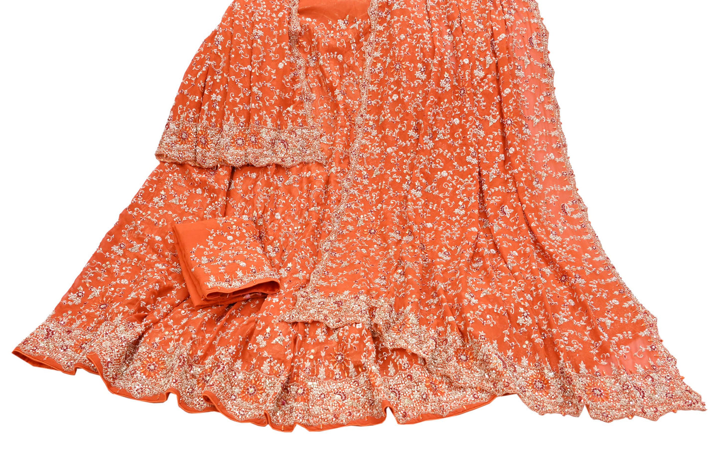 Indian Vintage Orange Pure Georgette Silk Hand Embroidered Lehenga 2pcs Set, Bollywood Wedding Wear