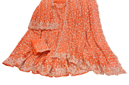 Indian Vintage Orange Pure Georgette Silk Hand Embroidered Lehenga 2pcs Set, Bollywood Wedding Wear