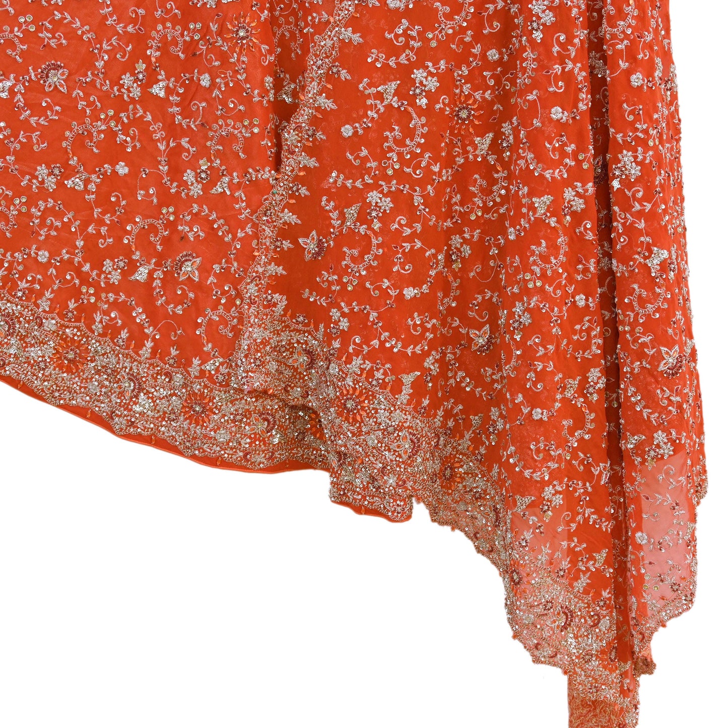 Indian Vintage Orange Pure Georgette Silk Hand Embroidered Lehenga 2pcs Set, Bollywood Wedding Wear