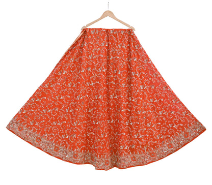 Indian Vintage Orange Pure Georgette Silk Hand Embroidered Lehenga 2pcs Set, Bollywood Wedding Wear