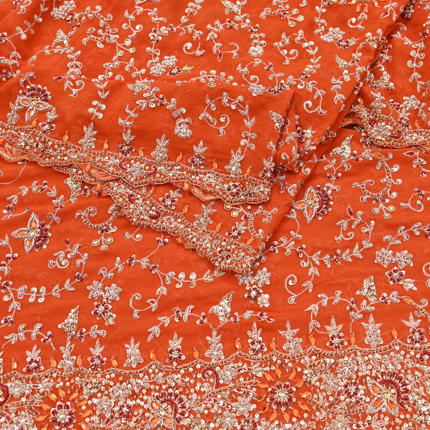 Indian Vintage Orange Pure Georgette Silk Hand Embroidered Lehenga 2pcs Set, Bollywood Wedding Wear
