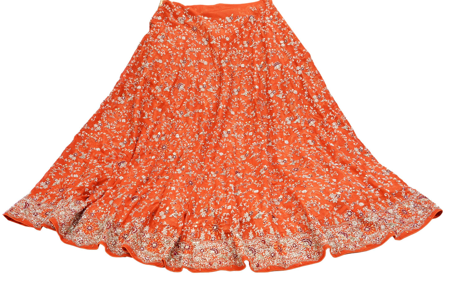 Indian Vintage Orange Pure Georgette Silk Hand Embroidered Lehenga 2pcs Set, Bollywood Wedding Wear
