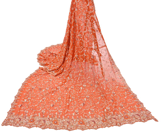 Indian Vintage Heavy Orange Bridal Dupatta Pure Georgette Silk Hand Embroidered Zardozi, Dabka, Zari Work Party Wear Long Stole