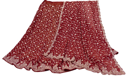 Indian Vintage Maroon Pure Georgette Silk Hand Embroidered Lehenga 2pcs Set, Bollywood Wedding Wear