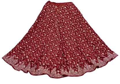 Indian Vintage Maroon Pure Georgette Silk Hand Embroidered Lehenga 2pcs Set, Bollywood Wedding Wear