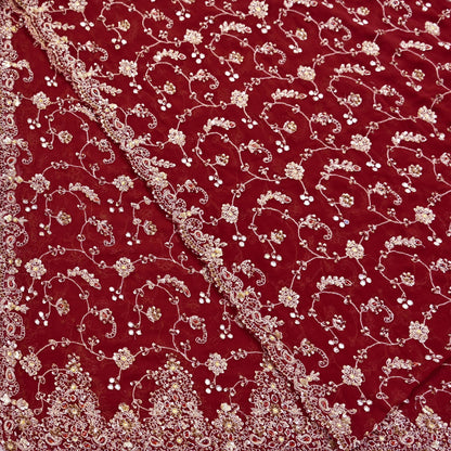Indian Vintage Heavy Maroon Bridal Dupatta Pure Georgette Silk Hand Embroidered Zardozi, Dabka, Zari Work Party Wear Long Stole