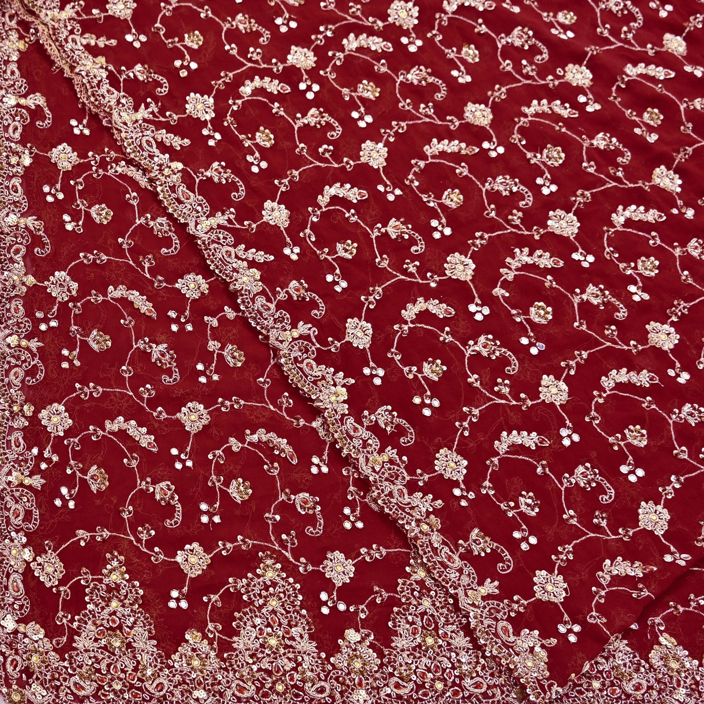 Indian Vintage Heavy Maroon Bridal Dupatta Pure Georgette Silk Hand Embroidered Zardozi, Dabka, Zari Work Party Wear Long Stole