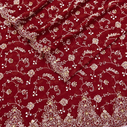 Indian Vintage Heavy Maroon Bridal Dupatta Pure Georgette Silk Hand Embroidered Zardozi, Dabka, Zari Work Party Wear Long Stole