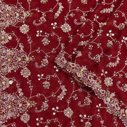 Indian Vintage Heavy Maroon Bridal Dupatta Pure Georgette Silk Hand Embroidered Zardozi, Dabka, Zari Work Party Wear Long Stole