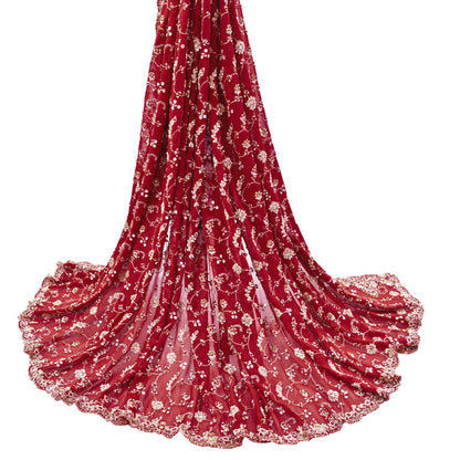 Indian Vintage Heavy Maroon Bridal Dupatta Pure Georgette Silk Hand Embroidered Zardozi, Dabka, Zari Work Party Wear Long Stole