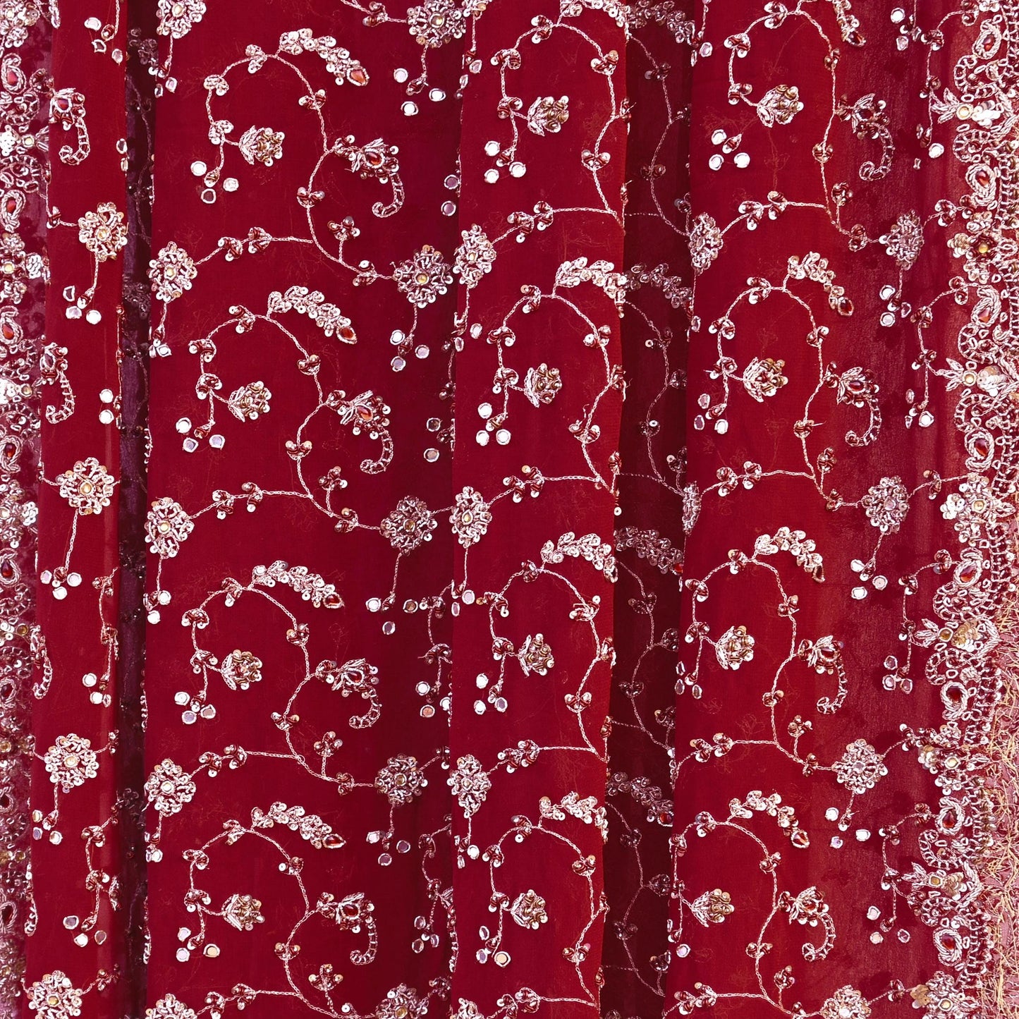 Indian Vintage Heavy Maroon Bridal Dupatta Pure Georgette Silk Hand Embroidered Zardozi, Dabka, Zari Work Party Wear Long Stole