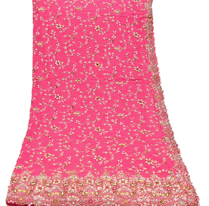 Indian Vintage Pink Pure Georgette Silk Hand Embroidered Lehenga 2pcs Set, Bollywood Wedding Wear