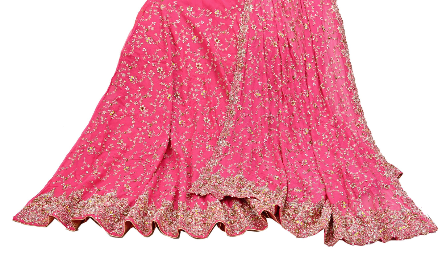 Indian Vintage Pink Pure Georgette Silk Hand Embroidered Lehenga 2pcs Set, Bollywood Wedding Wear