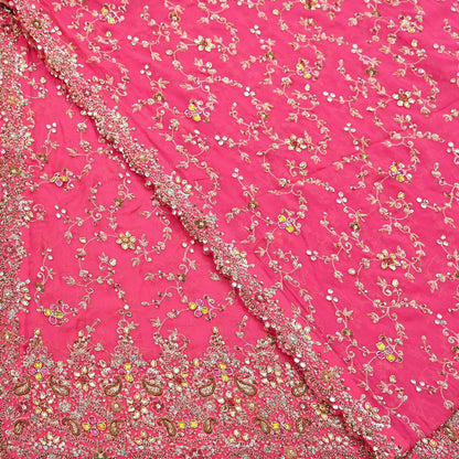 Indian Vintage Heavy Pink Bridal Dupatta Pure Georgette Silk Hand Embroidered Zardozi, Dabka, Zari Work Party Wear Long Stole