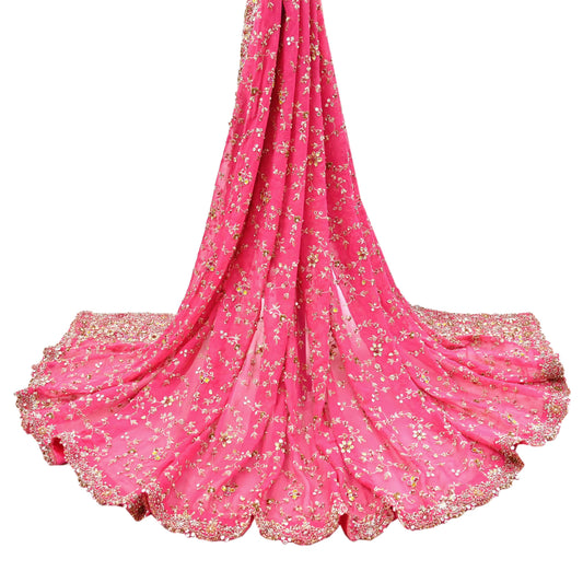 Indian Vintage Heavy Pink Bridal Dupatta Pure Georgette Silk Hand Embroidered Zardozi, Dabka, Zari Work Party Wear Long Stole