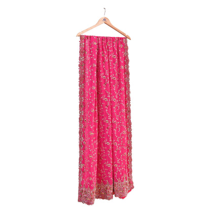 Indian Vintage Heavy Pink Bridal Dupatta Pure Georgette Silk Hand Embroidered Zardozi, Dabka, Zari Work Party Wear Long Stole