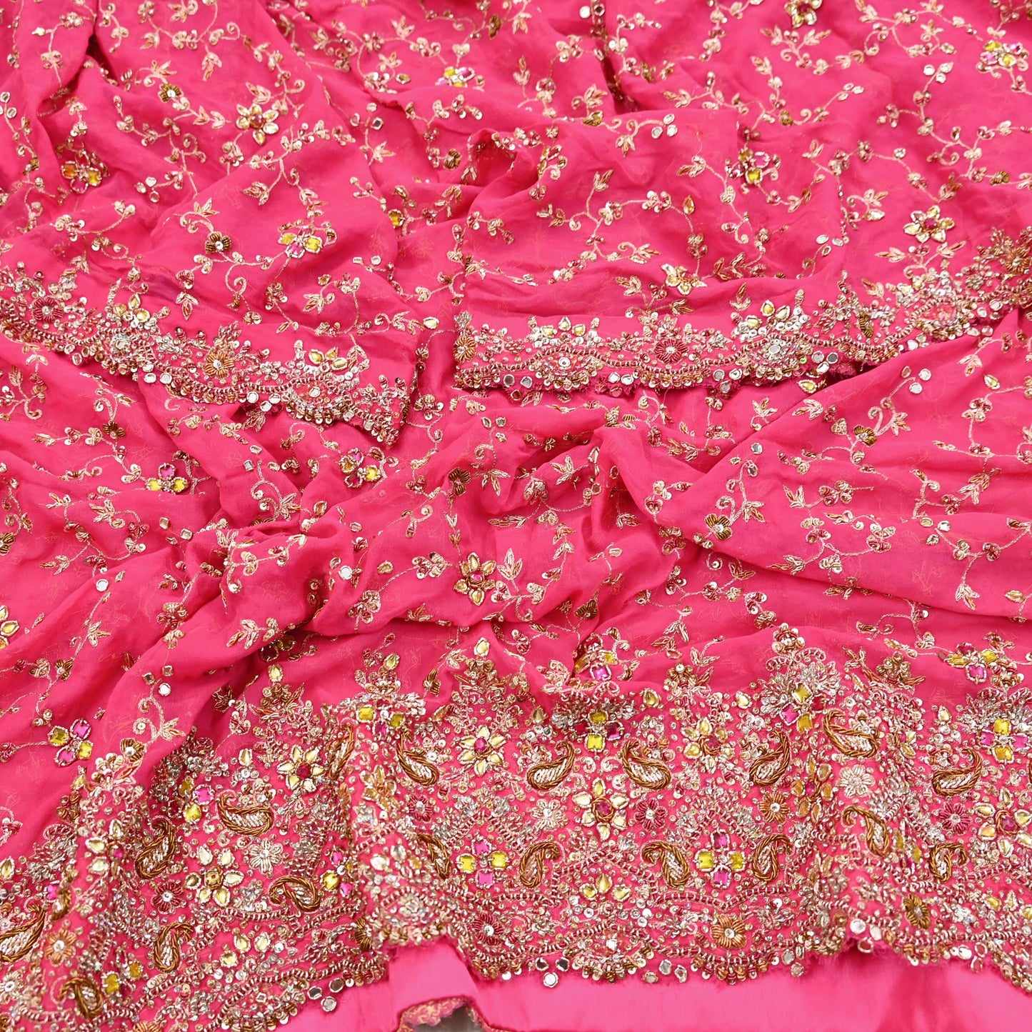 Indian Vintage Heavy Pink Bridal Dupatta Pure Georgette Silk Hand Embroidered Zardozi, Dabka, Zari Work Party Wear Long Stole