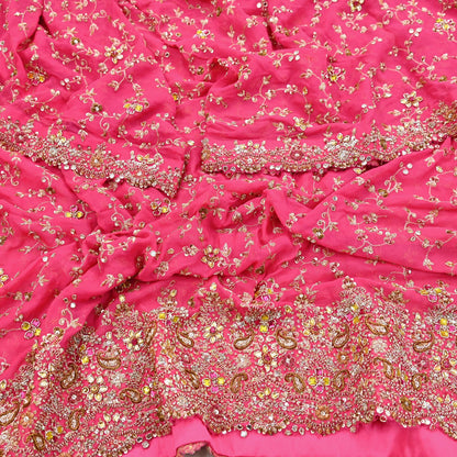Indian Vintage Heavy Pink Bridal Dupatta Pure Georgette Silk Hand Embroidered Zardozi, Dabka, Zari Work Party Wear Long Stole