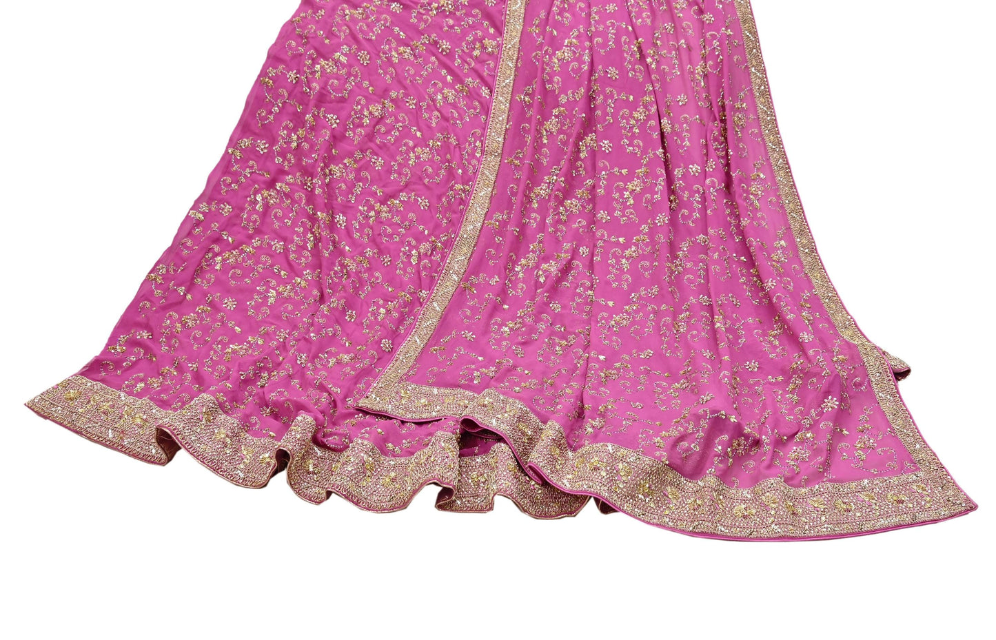 Indian Vintage Pink Pure Georgette Silk Hand Embroidered Lehenga 2pcs Set, Bollywood Wedding Wear