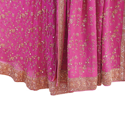 Indian Vintage Pink Pure Georgette Silk Hand Embroidered Lehenga 2pcs Set, Bollywood Wedding Wear