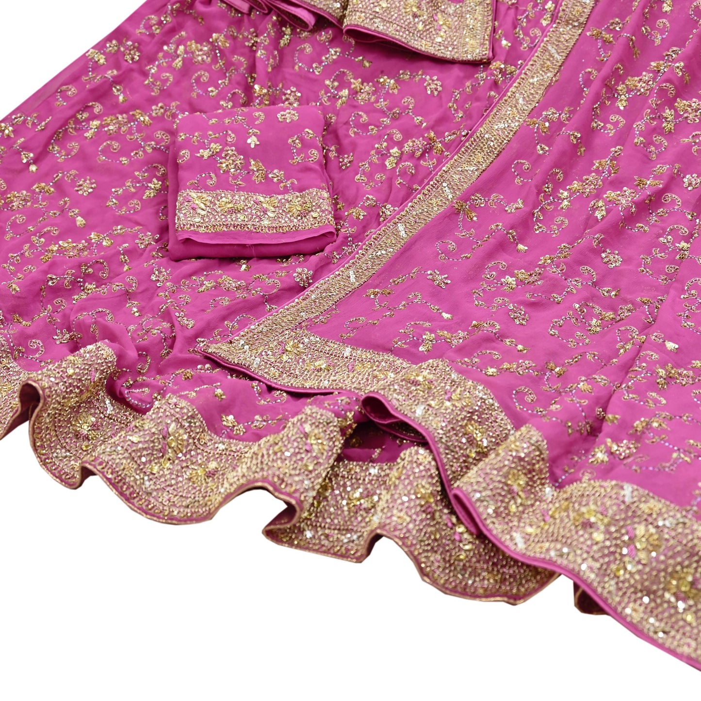 Indian Vintage Pink Pure Georgette Silk Hand Embroidered Lehenga 2pcs Set, Bollywood Wedding Wear