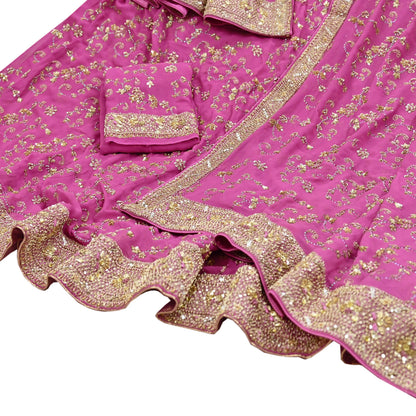 Indian Vintage Pink Pure Georgette Silk Hand Embroidered Lehenga 2pcs Set, Bollywood Wedding Wear