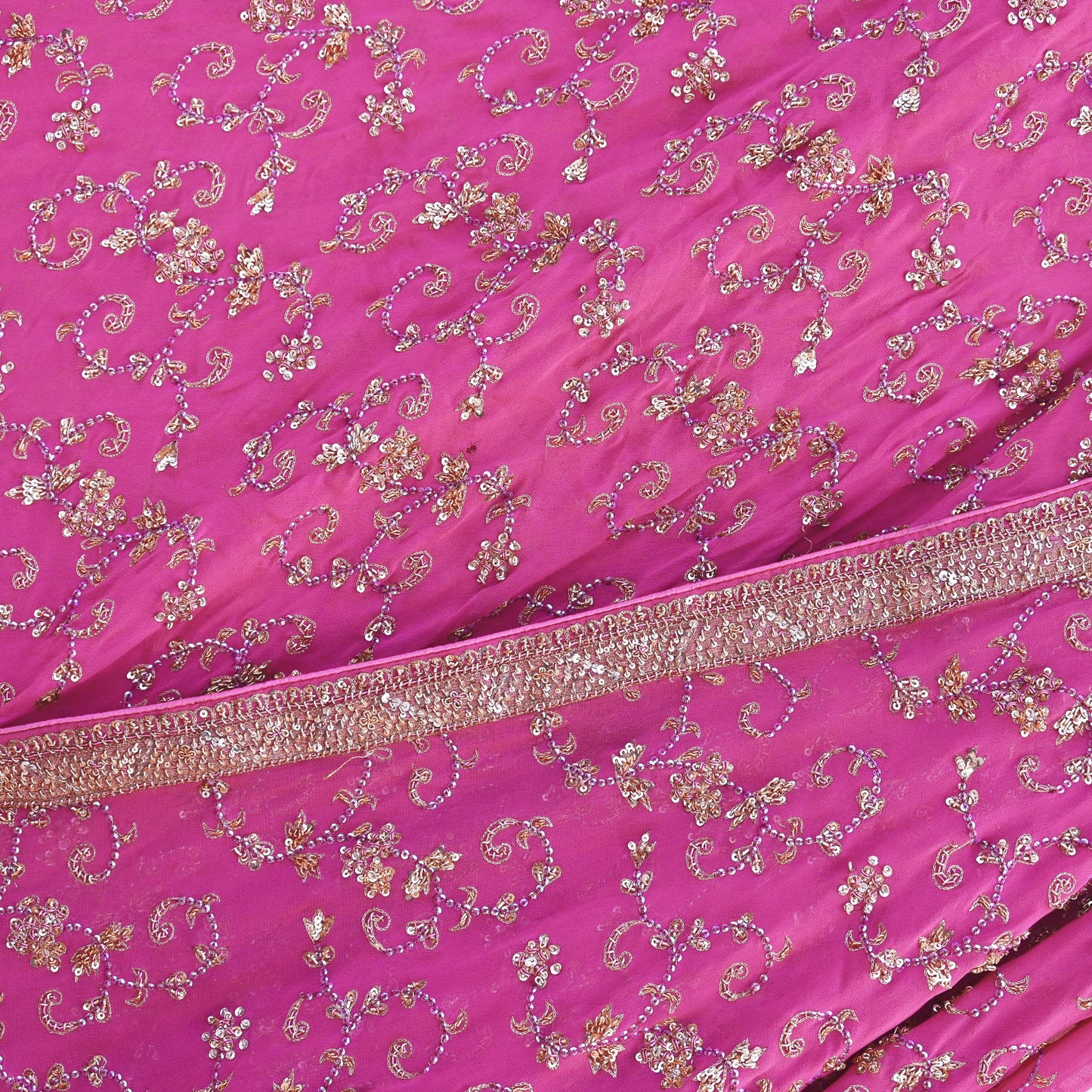 Indian Vintage Pink Pure Georgette Silk Hand Embroidered Lehenga 2pcs Set, Bollywood Wedding Wear