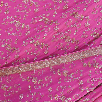 Indian Vintage Pink Pure Georgette Silk Hand Embroidered Lehenga 2pcs Set, Bollywood Wedding Wear
