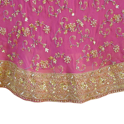 Indian Vintage Pink Pure Georgette Silk Hand Embroidered Lehenga 2pcs Set, Bollywood Wedding Wear