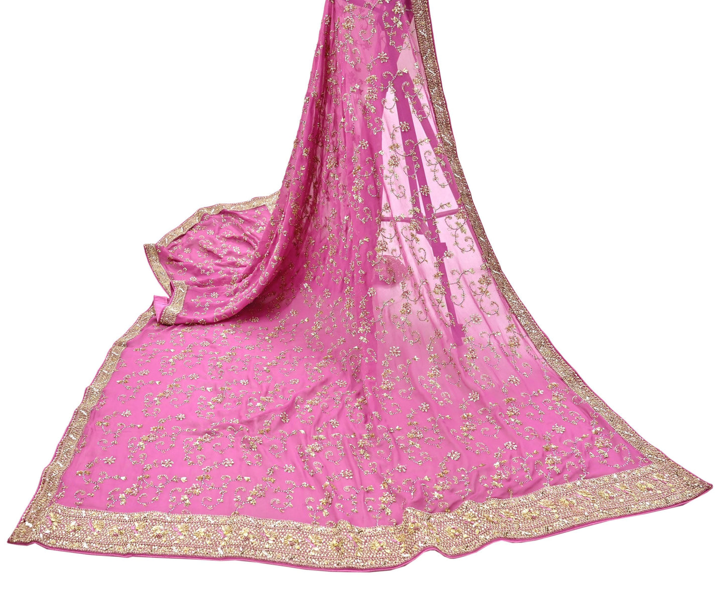 Indian Vintage Heavy Pink Bridal Dupatta Pure Georgette Silk Hand Embroidered Zardozi, Dabka, Zari Work Party Wear Long Stole