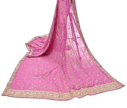 Indian Vintage Heavy Pink Bridal Dupatta Pure Georgette Silk Hand Embroidered Zardozi, Dabka, Zari Work Party Wear Long Stole