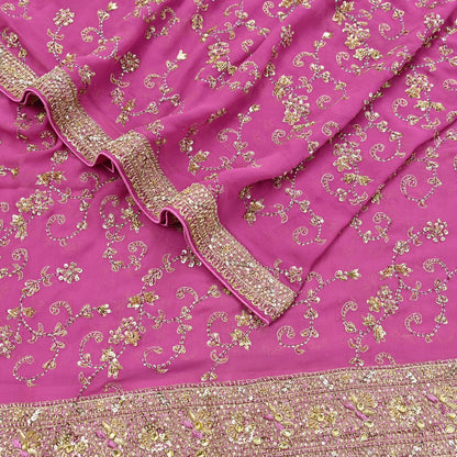 Indian Vintage Heavy Pink Bridal Dupatta Pure Georgette Silk Hand Embroidered Zardozi, Dabka, Zari Work Party Wear Long Stole