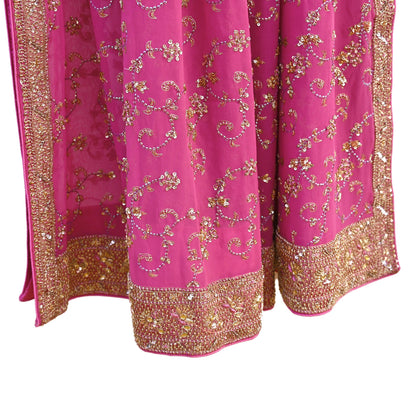 Indian Vintage Heavy Pink Bridal Dupatta Pure Georgette Silk Hand Embroidered Zardozi, Dabka, Zari Work Party Wear Long Stole