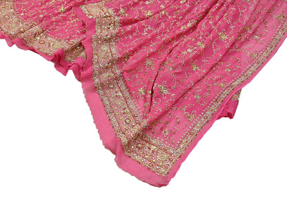 Indian Vintage Pink Pure Georgette Silk Hand Embroidered Lehenga 2pcs Set, Bollywood Wedding Wear