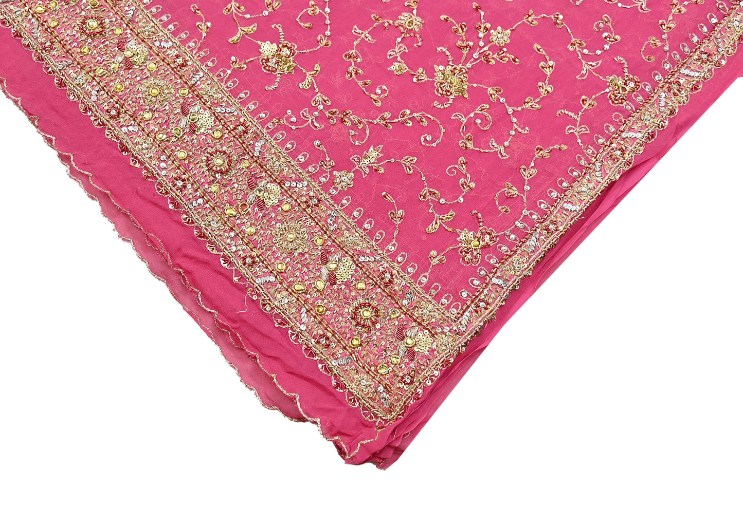 Indian Vintage Heavy Pink Bridal Dupatta Pure Georgette Silk Hand Embroidered Zardozi, Dabka, Zari Work Party Wear Long Stole