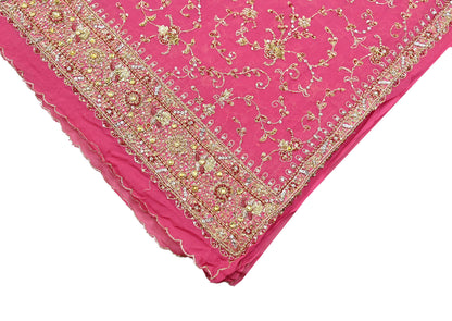 Indian Vintage Heavy Pink Bridal Dupatta Pure Georgette Silk Hand Embroidered Zardozi, Dabka, Zari Work Party Wear Long Stole