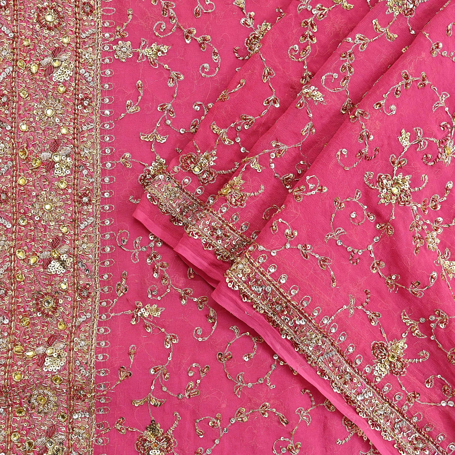 Indian Vintage Heavy Pink Bridal Dupatta Pure Georgette Silk Hand Embroidered Zardozi, Dabka, Zari Work Party Wear Long Stole