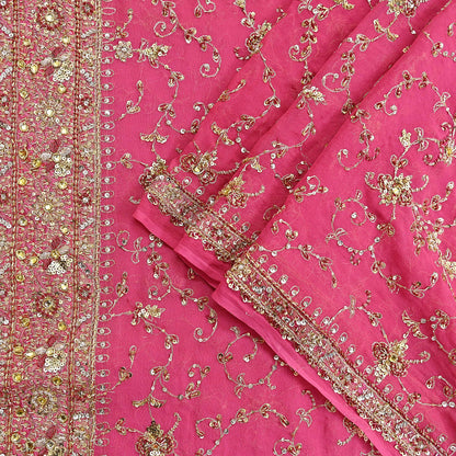Indian Vintage Heavy Pink Bridal Dupatta Pure Georgette Silk Hand Embroidered Zardozi, Dabka, Zari Work Party Wear Long Stole
