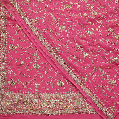 Indian Vintage Heavy Pink Bridal Dupatta Pure Georgette Silk Hand Embroidered Zardozi, Dabka, Zari Work Party Wear Long Stole