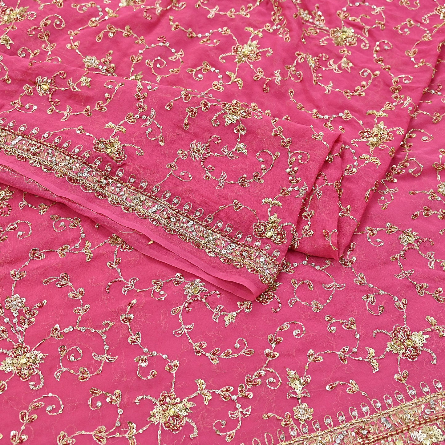 Indian Vintage Heavy Pink Bridal Dupatta Pure Georgette Silk Hand Embroidered Zardozi, Dabka, Zari Work Party Wear Long Stole