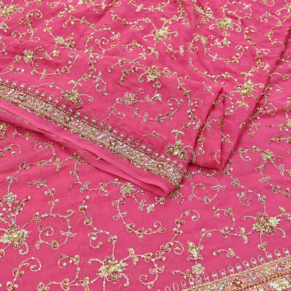 Indian Vintage Heavy Pink Bridal Dupatta Pure Georgette Silk Hand Embroidered Zardozi, Dabka, Zari Work Party Wear Long Stole