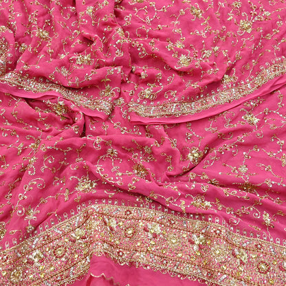 Indian Vintage Heavy Pink Bridal Dupatta Pure Georgette Silk Hand Embroidered Zardozi, Dabka, Zari Work Party Wear Long Stole