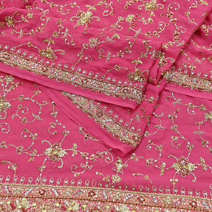 Indian Vintage Heavy Pink Bridal Dupatta Pure Georgette Silk Hand Embroidered Zardozi, Dabka, Zari Work Party Wear Long Stole