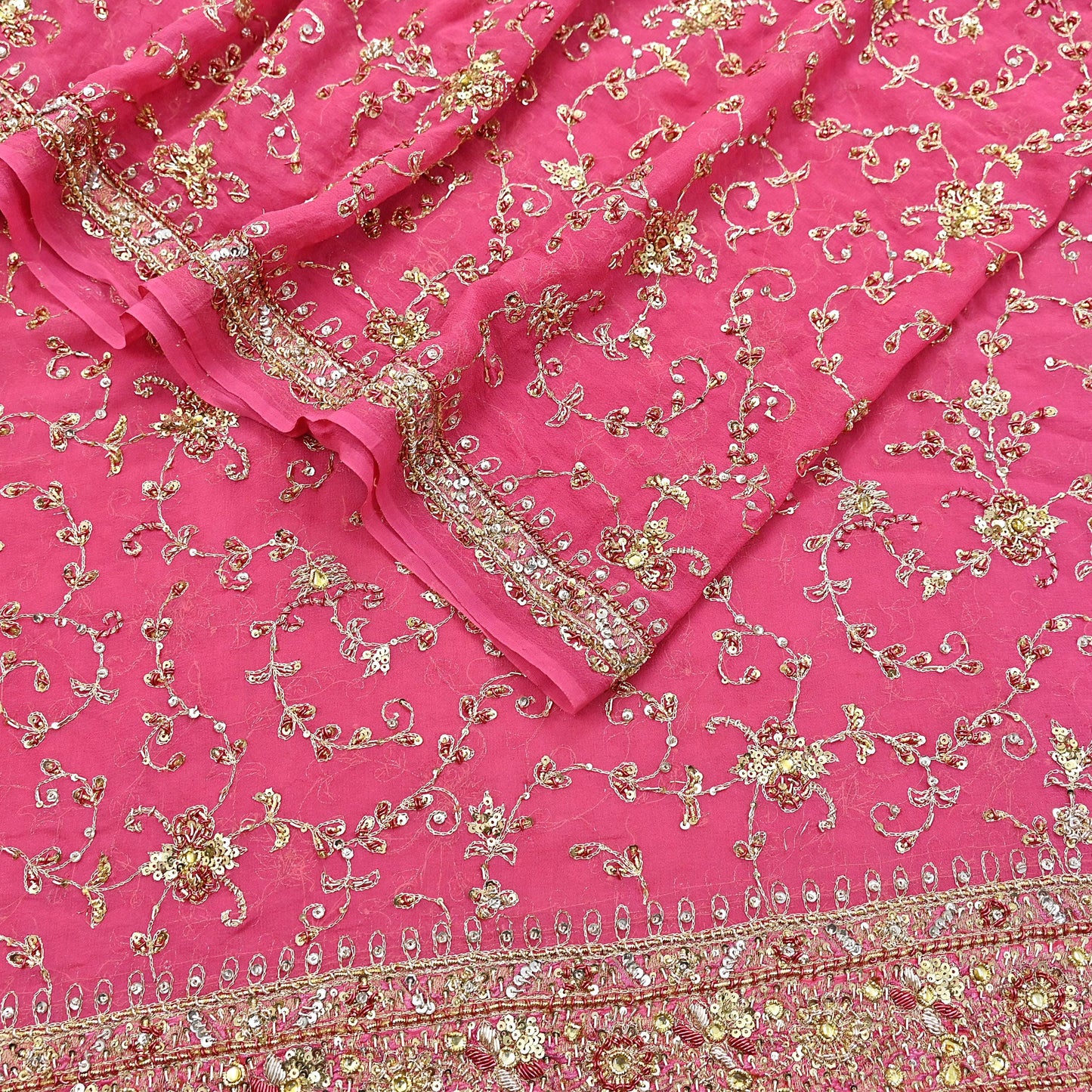 Indian Vintage Heavy Pink Bridal Dupatta Pure Georgette Silk Hand Embroidered Zardozi, Dabka, Zari Work Party Wear Long Stole