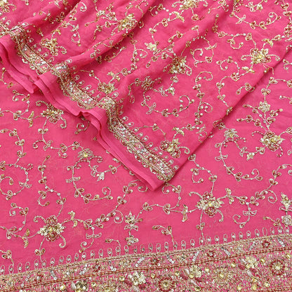 Indian Vintage Heavy Pink Bridal Dupatta Pure Georgette Silk Hand Embroidered Zardozi, Dabka, Zari Work Party Wear Long Stole