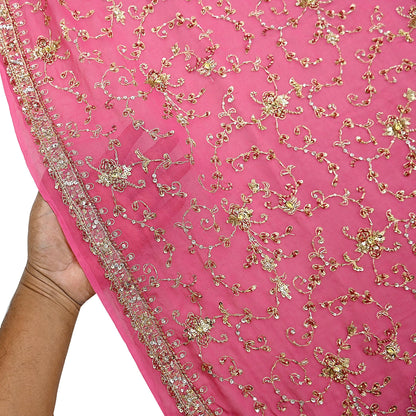 Indian Vintage Heavy Pink Bridal Dupatta Pure Georgette Silk Hand Embroidered Zardozi, Dabka, Zari Work Party Wear Long Stole